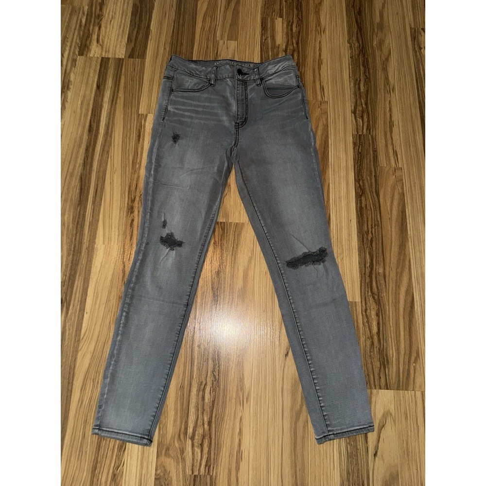 American‎ Eagle Women's 10 Super Stretch Hi-Rise Jegging Gray Distressed Jeans